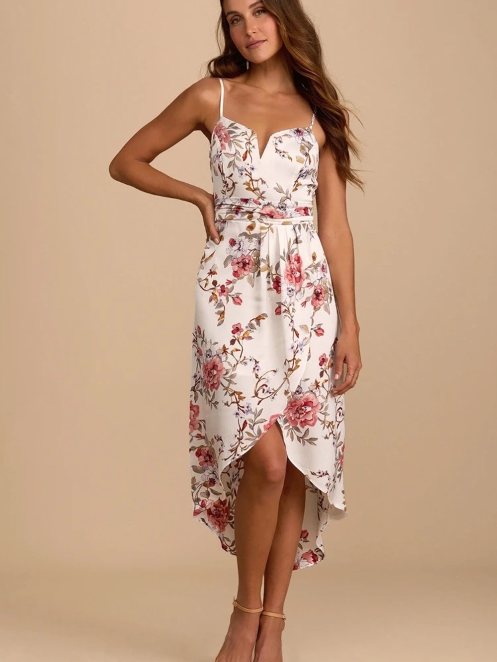 Lulu's My Favorite Day Ivory Floral Print Tulip Skirt Midi Dress